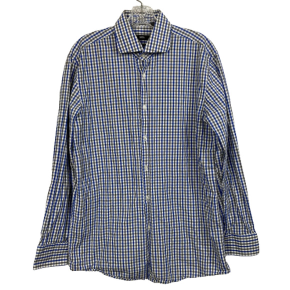 Hugo Boss Shirt Mens Sz 16 32 33‎ Blue Gray Check Sharp Fit Cotton Button Up - Picture 1 of 10